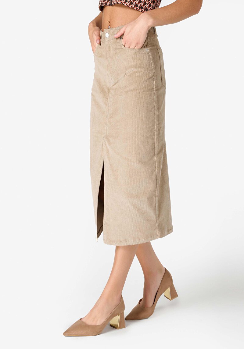 Midi Skirt Düz Fermuarlı Kadın Bej Etek