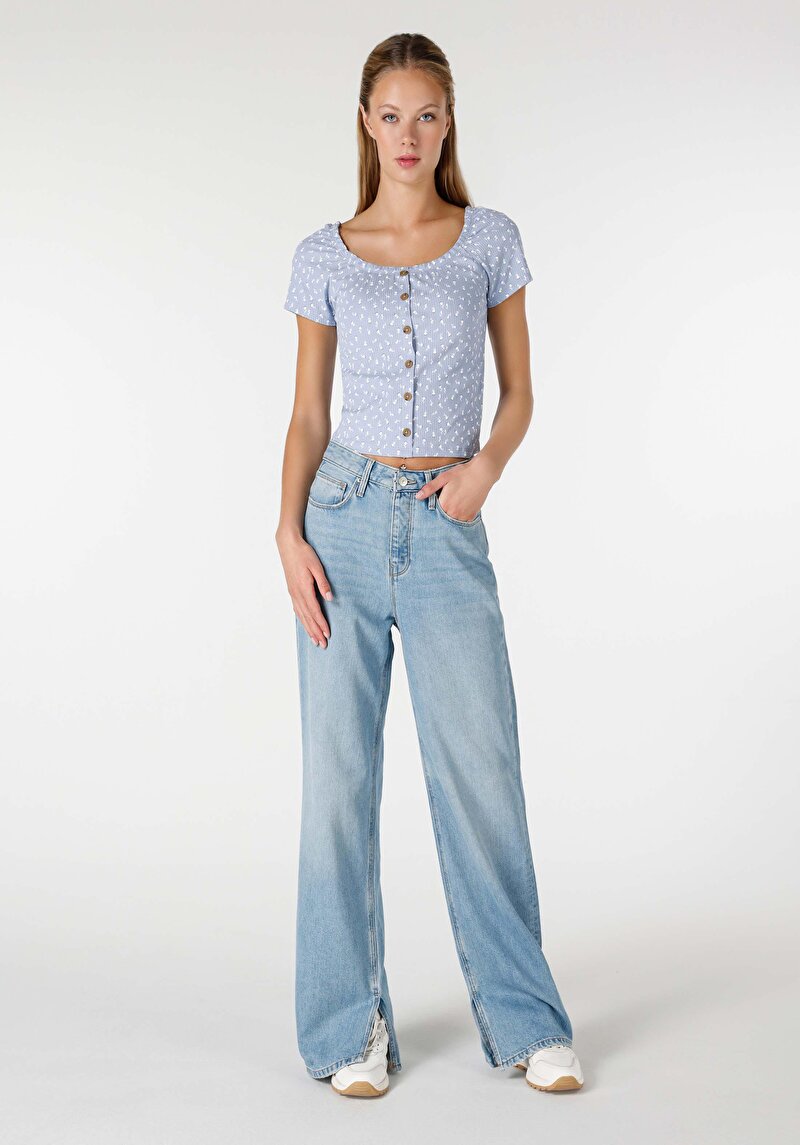 Regular Fit Yüksek Bel Geniş Paça Kadın Denim Jean Pantolon