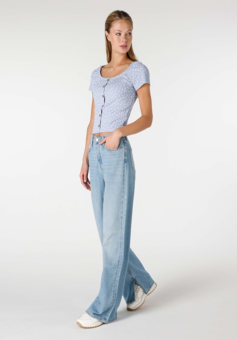 Regular Fit Yüksek Bel Geniş Paça Kadın Denim Jean Pantolon