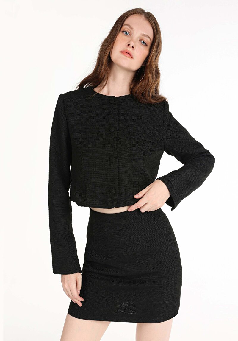 Regular Fit Düğmeli Kadın Siyah Ceket