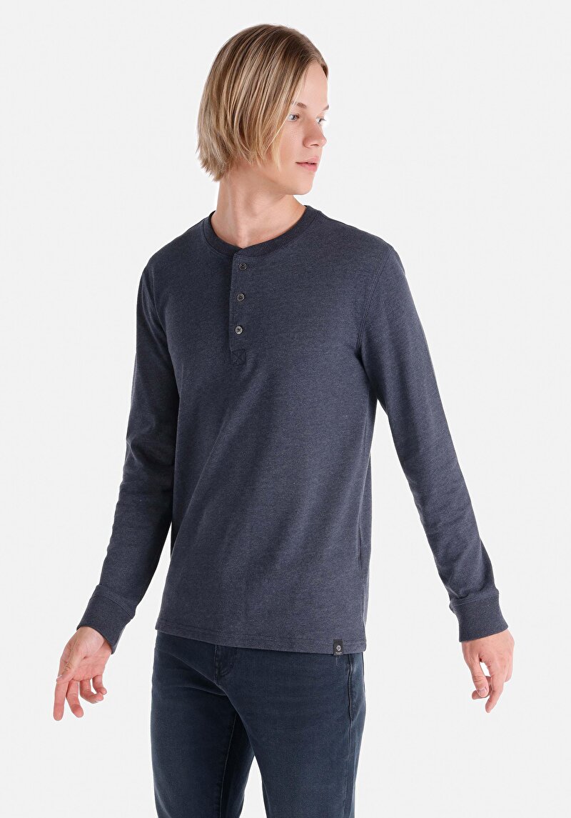 Slim Fit Düğmeli Yaka Düz Erkek Lacivert Uzun Kol Tişört