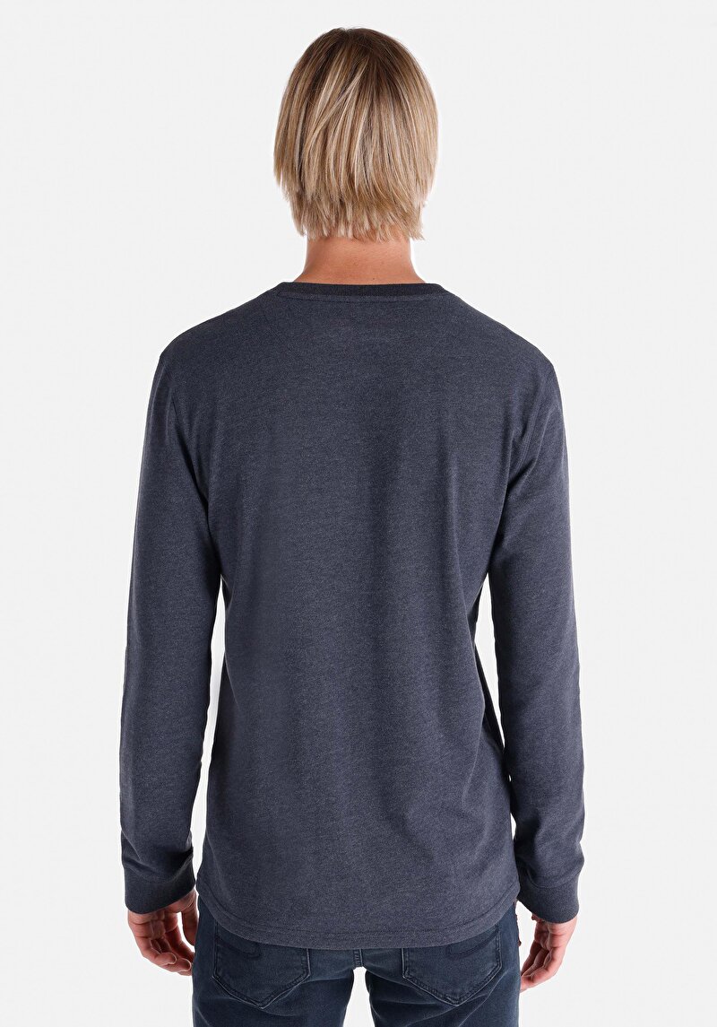 Slim Fit Düğmeli Yaka Düz Erkek Lacivert Uzun Kol Tişört