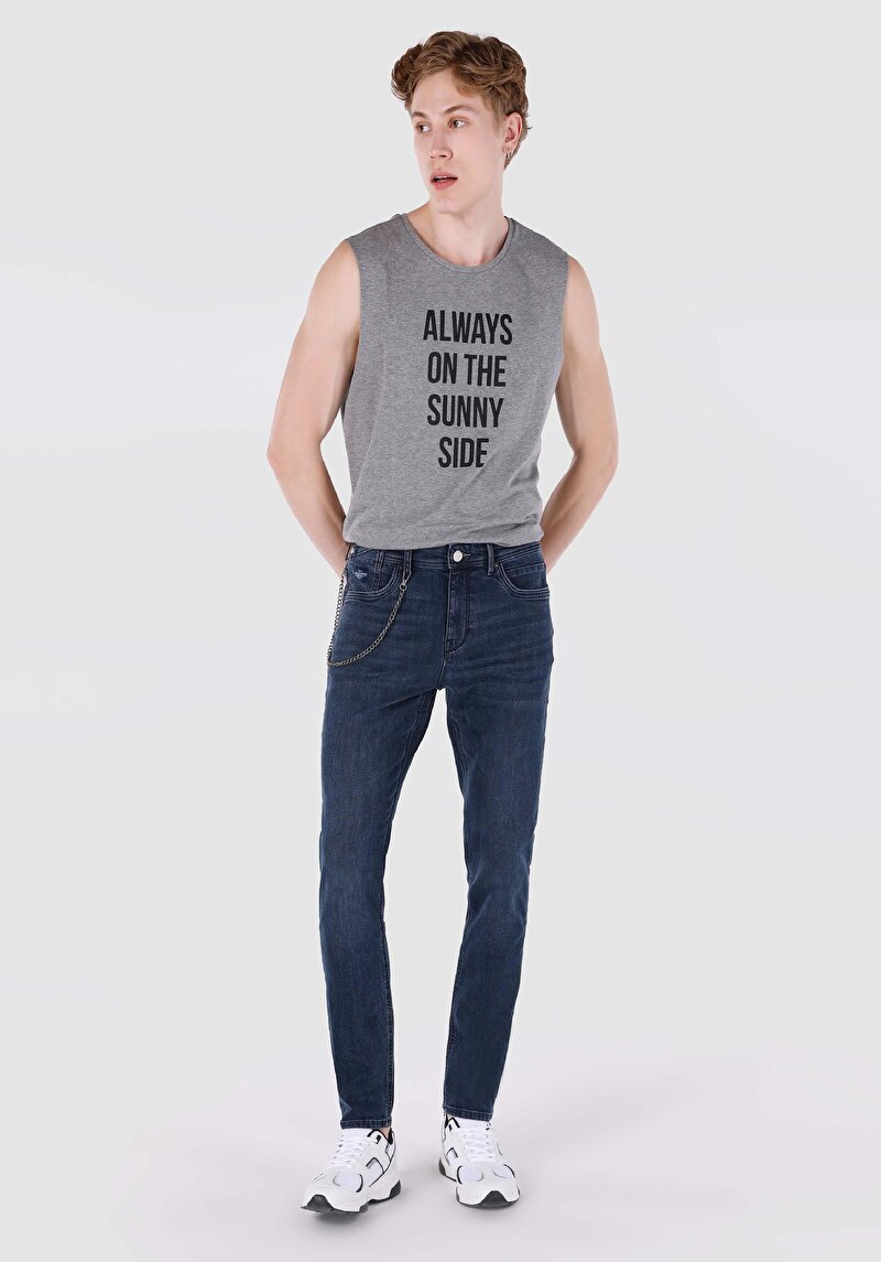 Slim Fit Düşük Bel Dar Paça Erkek Koyu İndigo Jean Pantolon