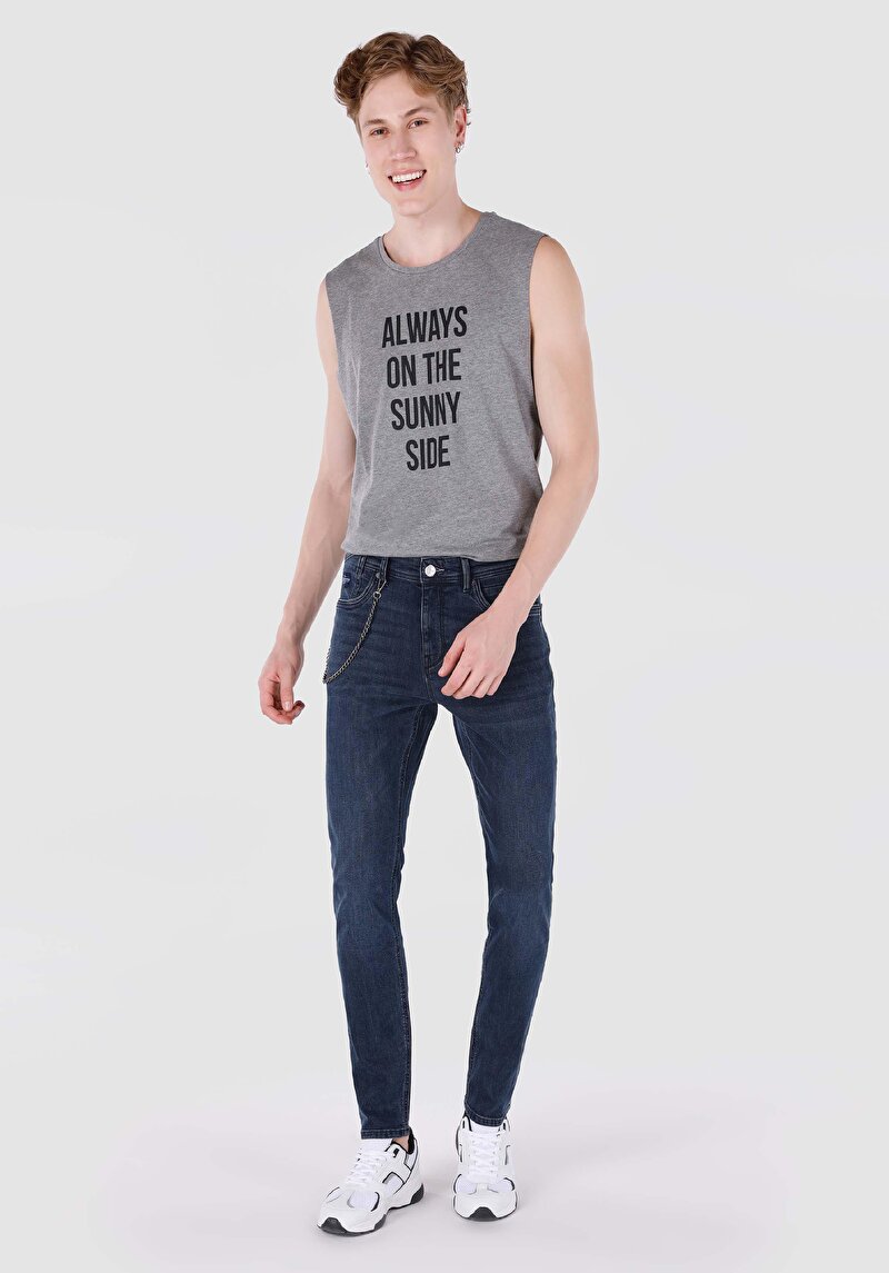 Slim Fit Düşük Bel Dar Paça Erkek Koyu İndigo Jean Pantolon