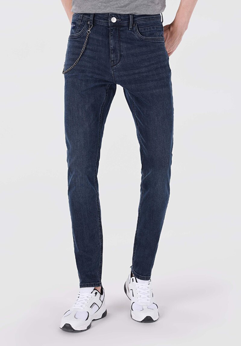 Slim Fit Düşük Bel Dar Paça Erkek Koyu İndigo Jean Pantolon