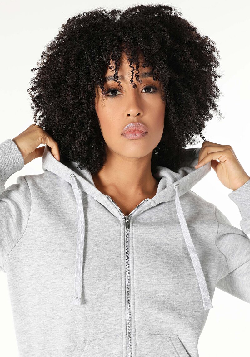 Regular Fit Kapüşonlu Düz Kadın Gri Sweatshirt