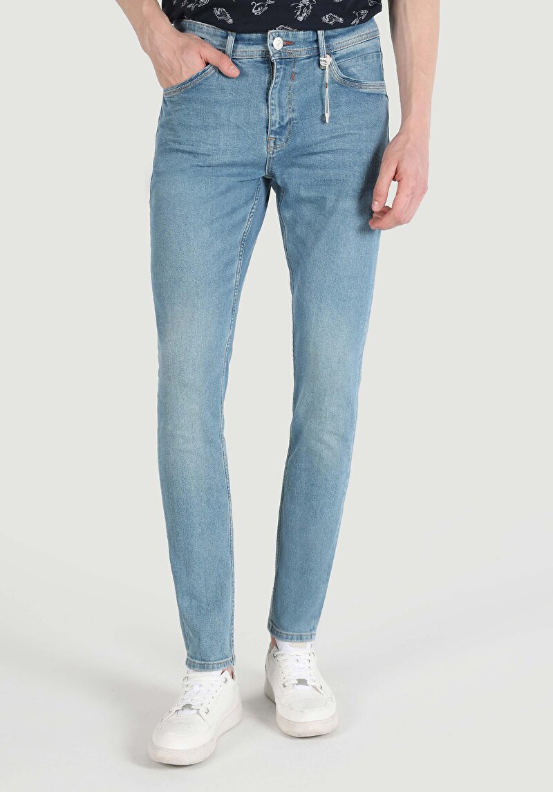 Slim Fit Düşük Bel Dar Paça Erkek İndigo Jean Pantolon