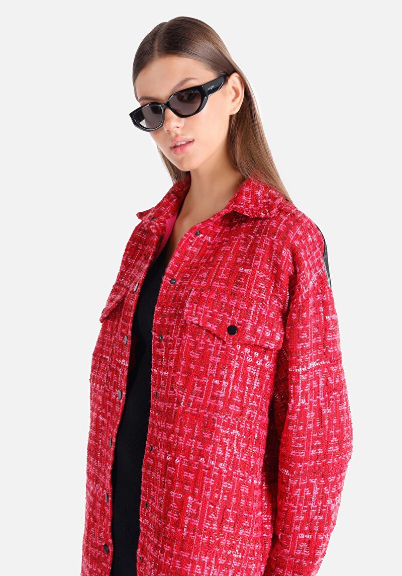 Regular Fit Shirt Neck Düz Kadın Kirmizi Uzun Kol Gömlek