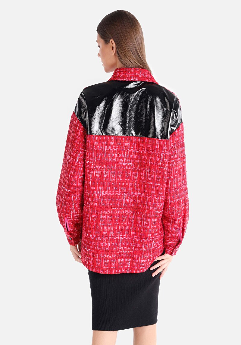 Regular Fit Shirt Neck Düz Kadın Kirmizi Uzun Kol Gömlek