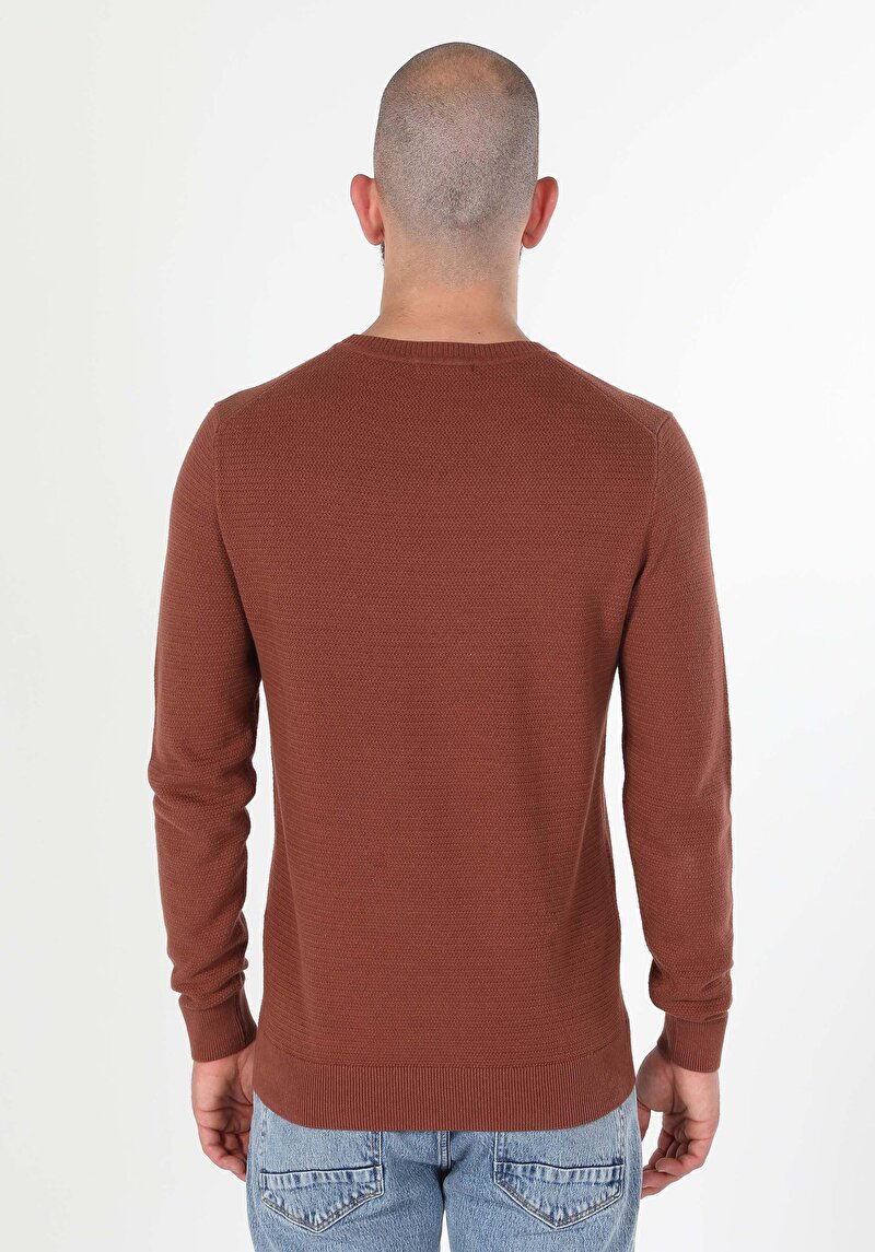 Regular Fit Yuvarlak Yaka Jakarlı Erkek Turuncu Kazak