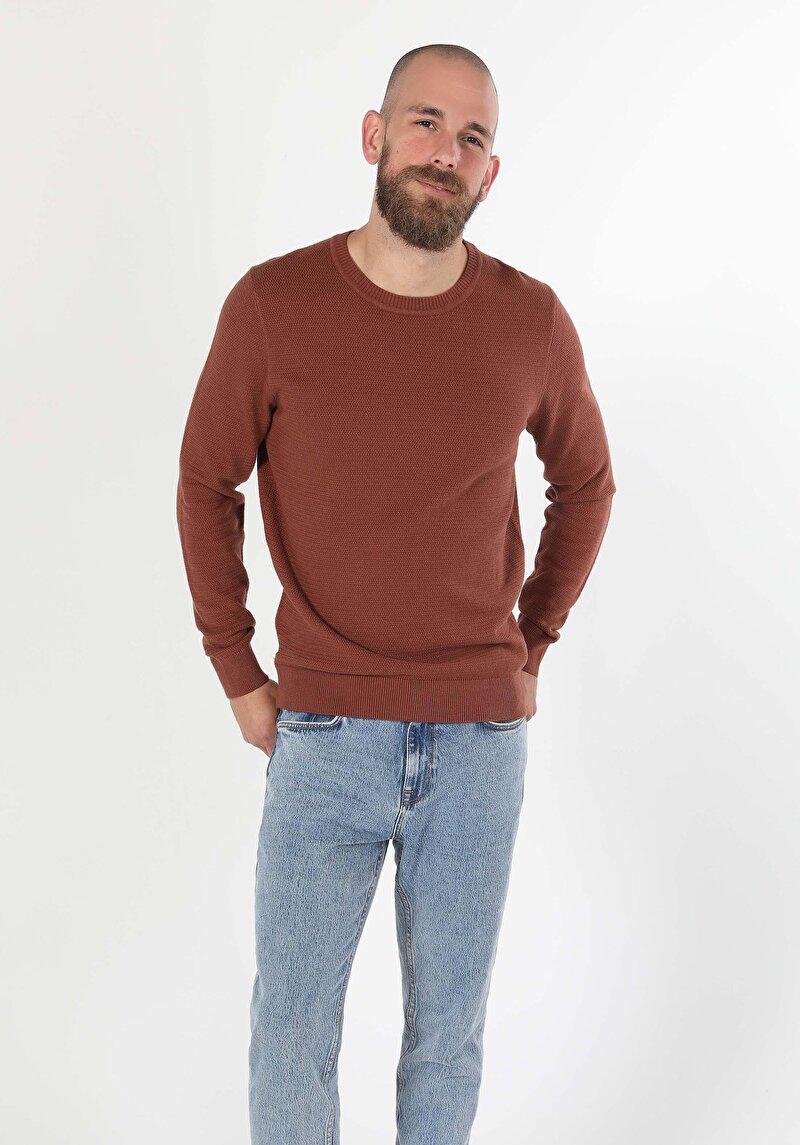 Regular Fit Yuvarlak Yaka Jakarlı Erkek Turuncu Kazak