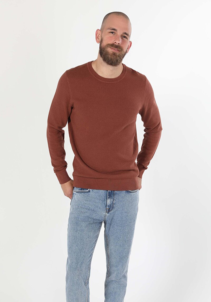 Regular Fit Yuvarlak Yaka Jakarlı Erkek Turuncu Kazak