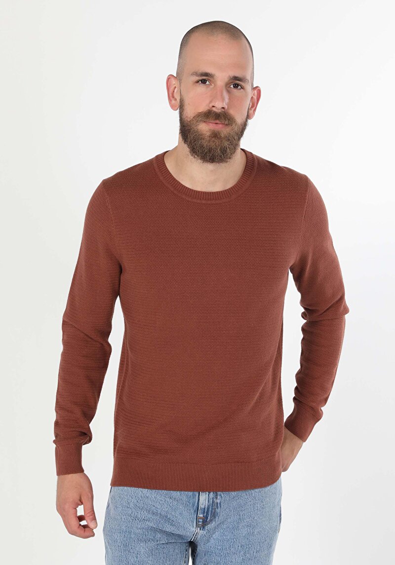 Regular Fit Yuvarlak Yaka Jakarlı Erkek Turuncu Kazak