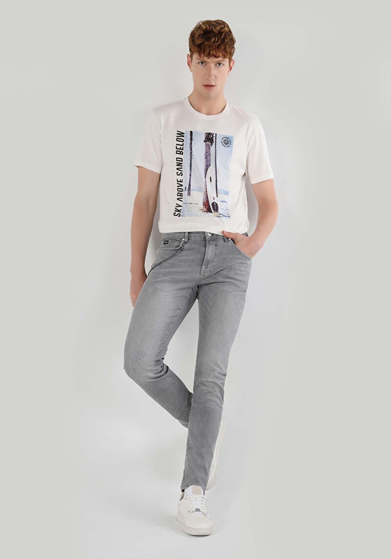 Slim Fit Düşük Bel Dar Paça Erkek Gri Jean Pantolon