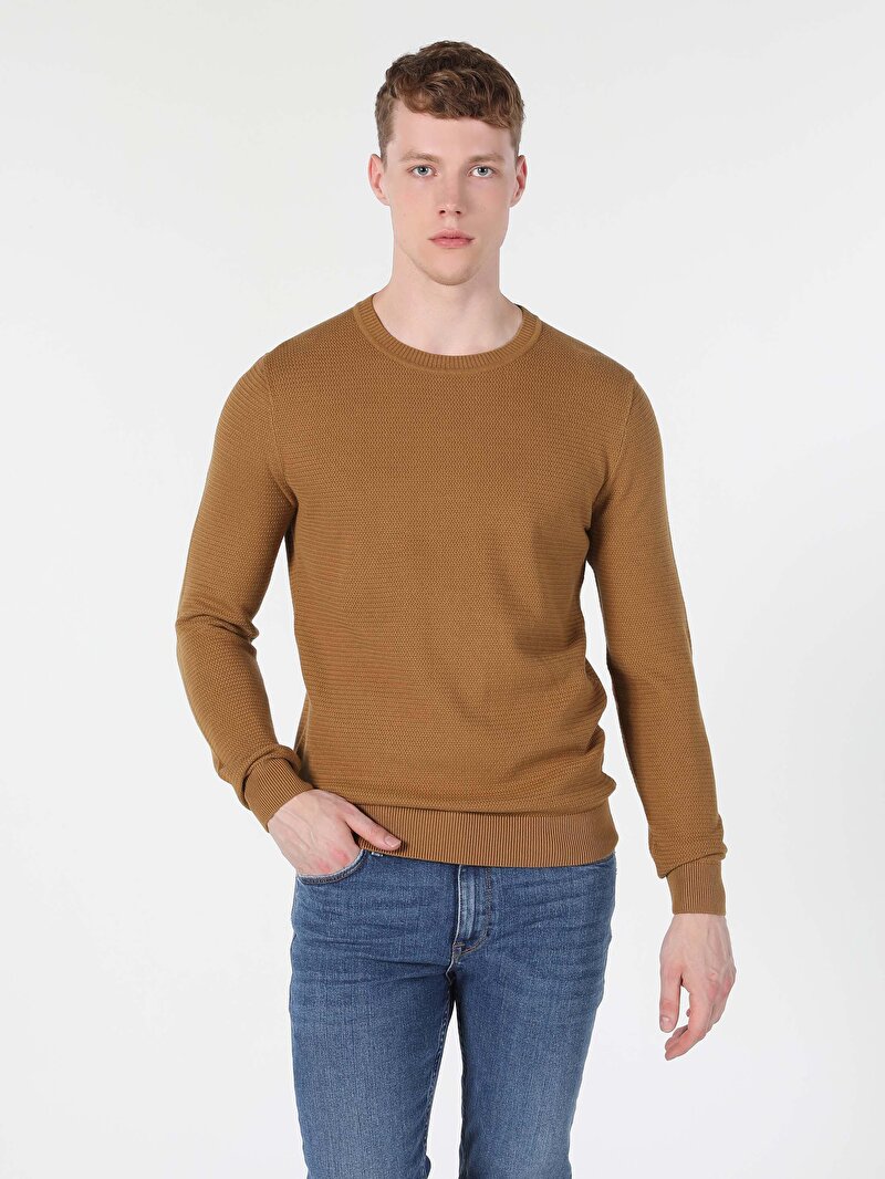 Regular Fit Yuvarlak Yaka Jakarlı Erkek Kahverengi Kazak