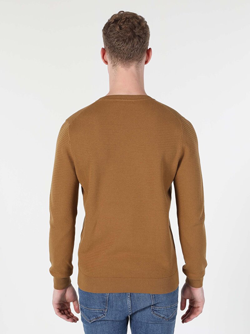 Regular Fit Yuvarlak Yaka Jakarlı Erkek Kahverengi Kazak