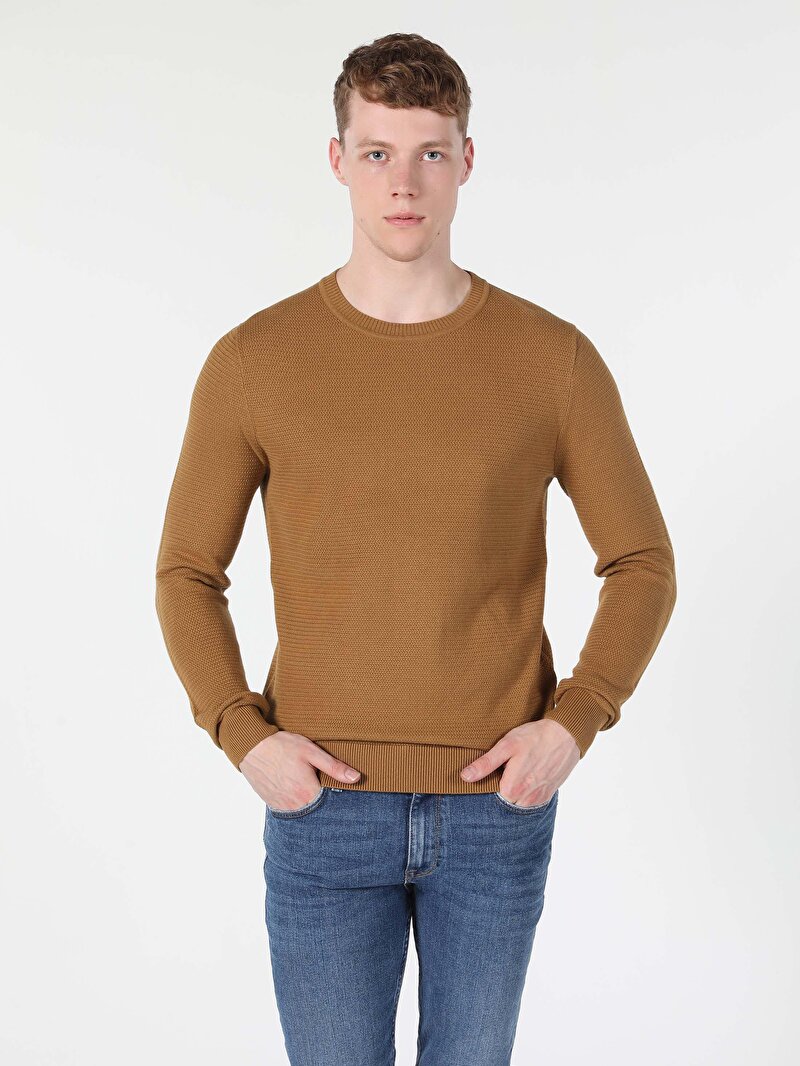 Regular Fit Yuvarlak Yaka Jakarlı Erkek Kahverengi Kazak