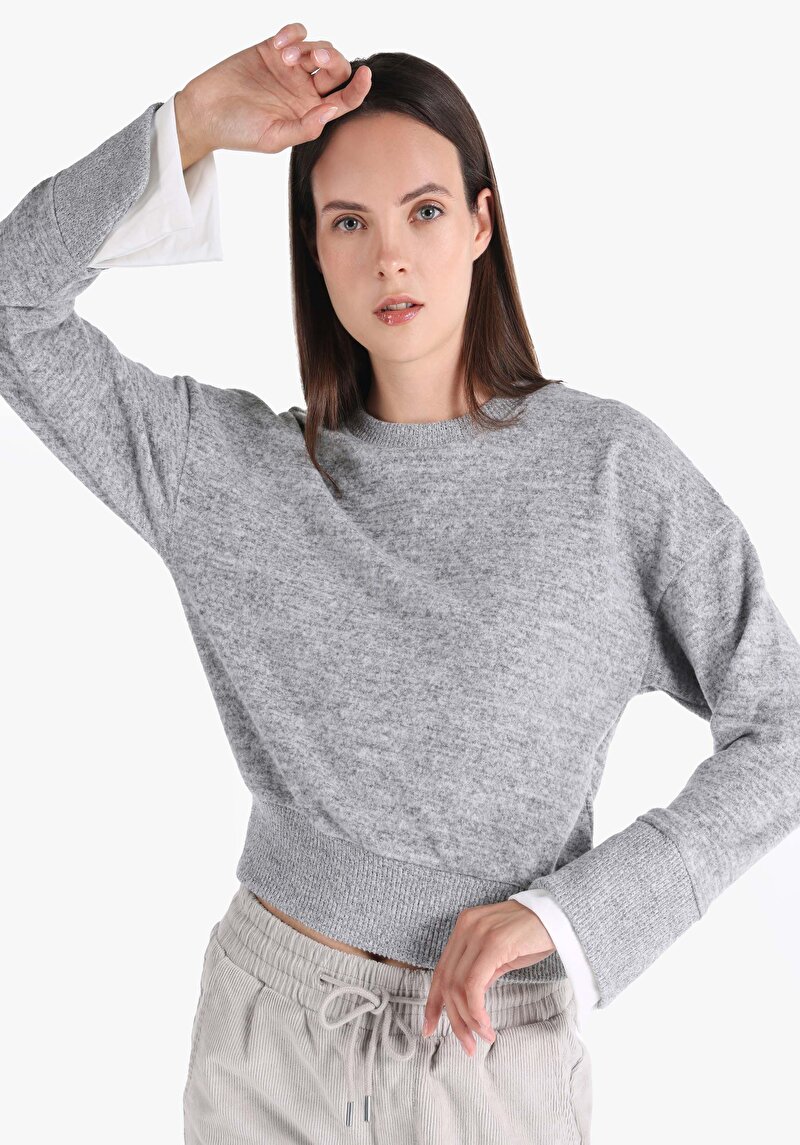 Slim Fit Yuvarlak Yaka Düz Kadın Gri Uzun Kol Tişört