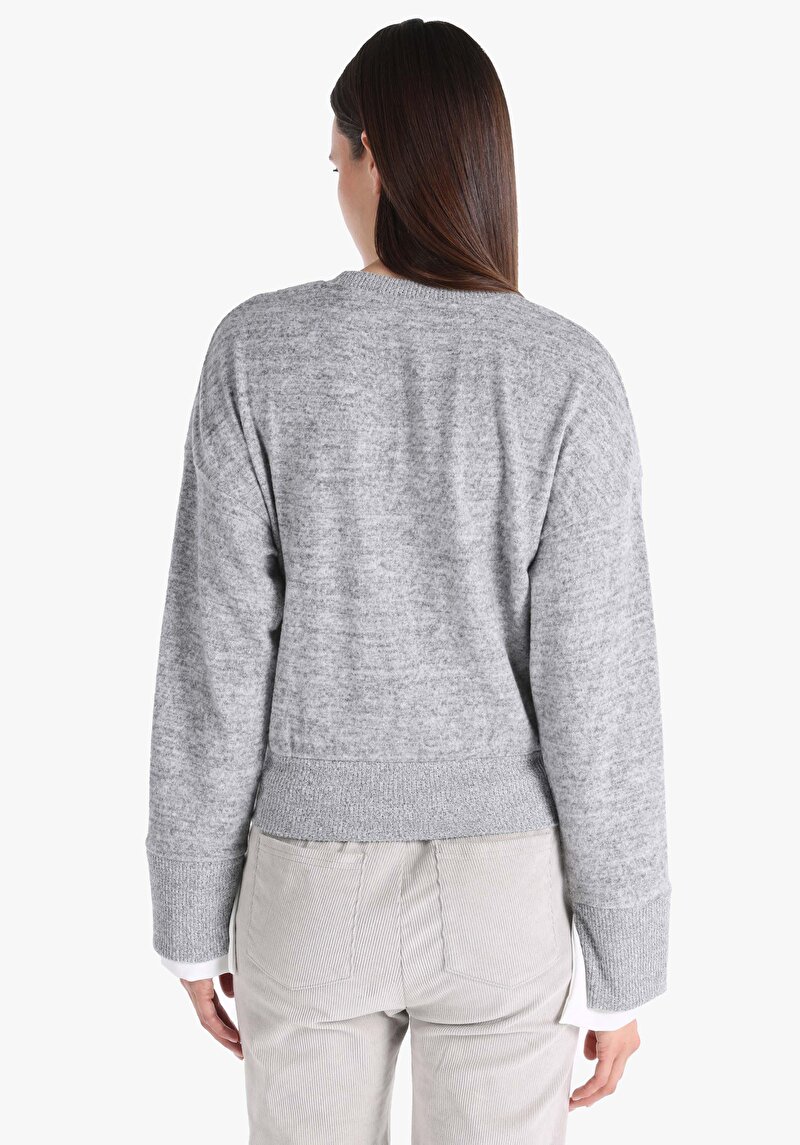 Slim Fit Yuvarlak Yaka Düz Kadın Gri Uzun Kol Tişört