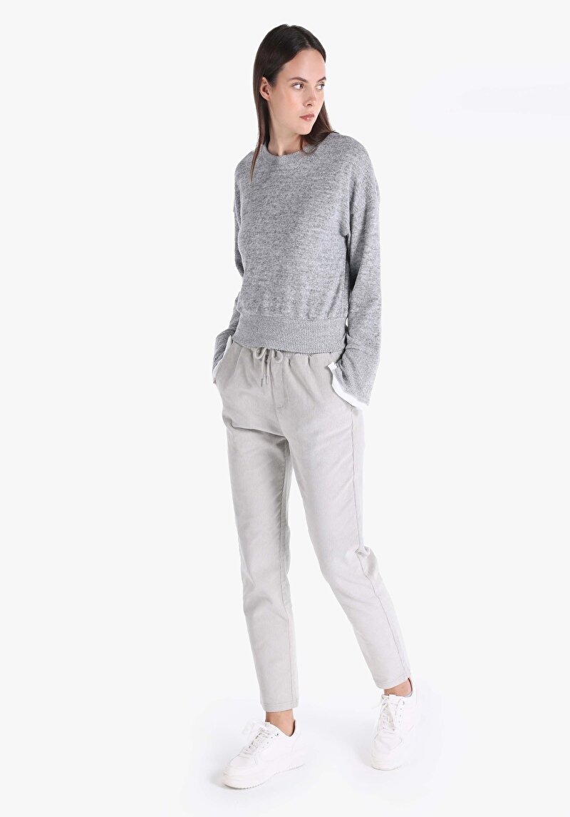 Slim Fit Yuvarlak Yaka Düz Kadın Gri Uzun Kol Tişört