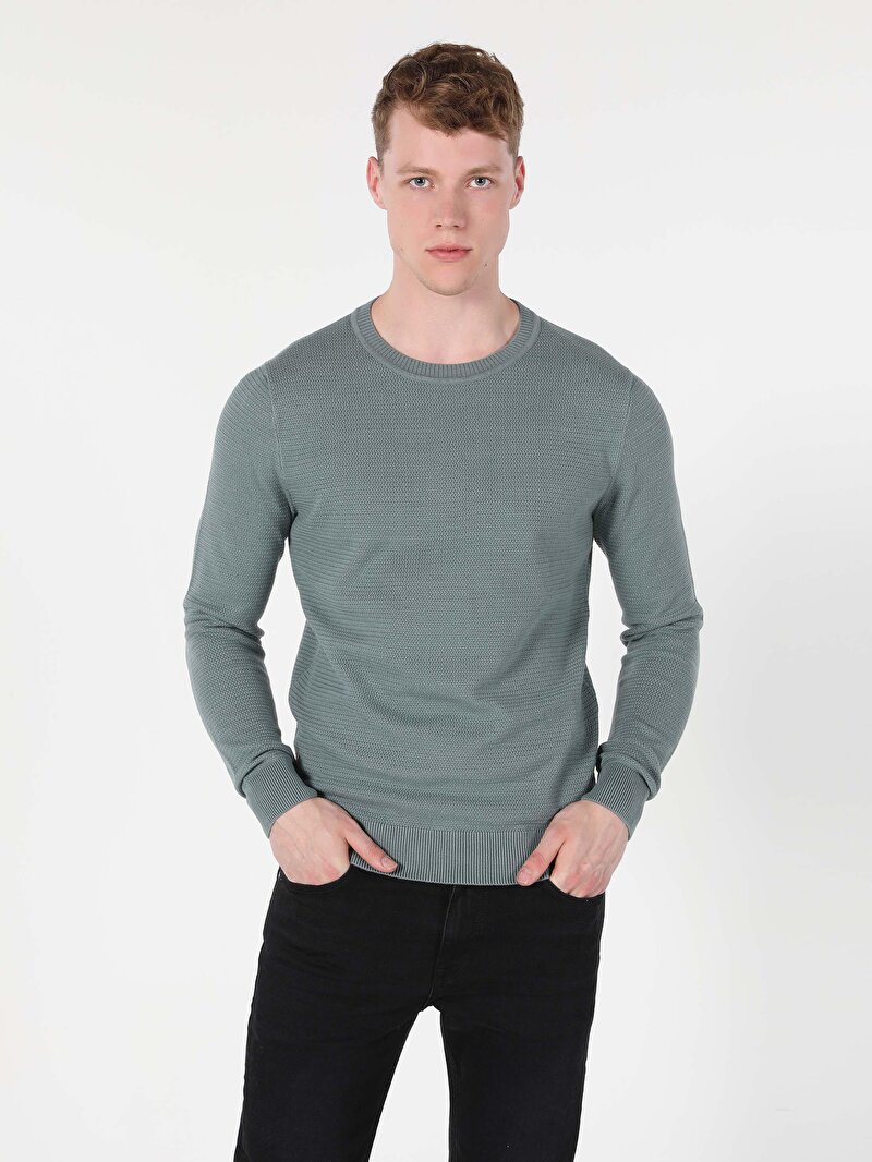 Regular Fit Yuvarlak Yaka Jakarlı Erkek Yeşil Kazak