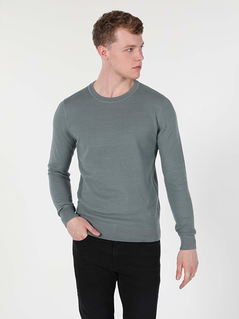 Regular Fit Yuvarlak Yaka Jakarlı Erkek Yeşil Kazak