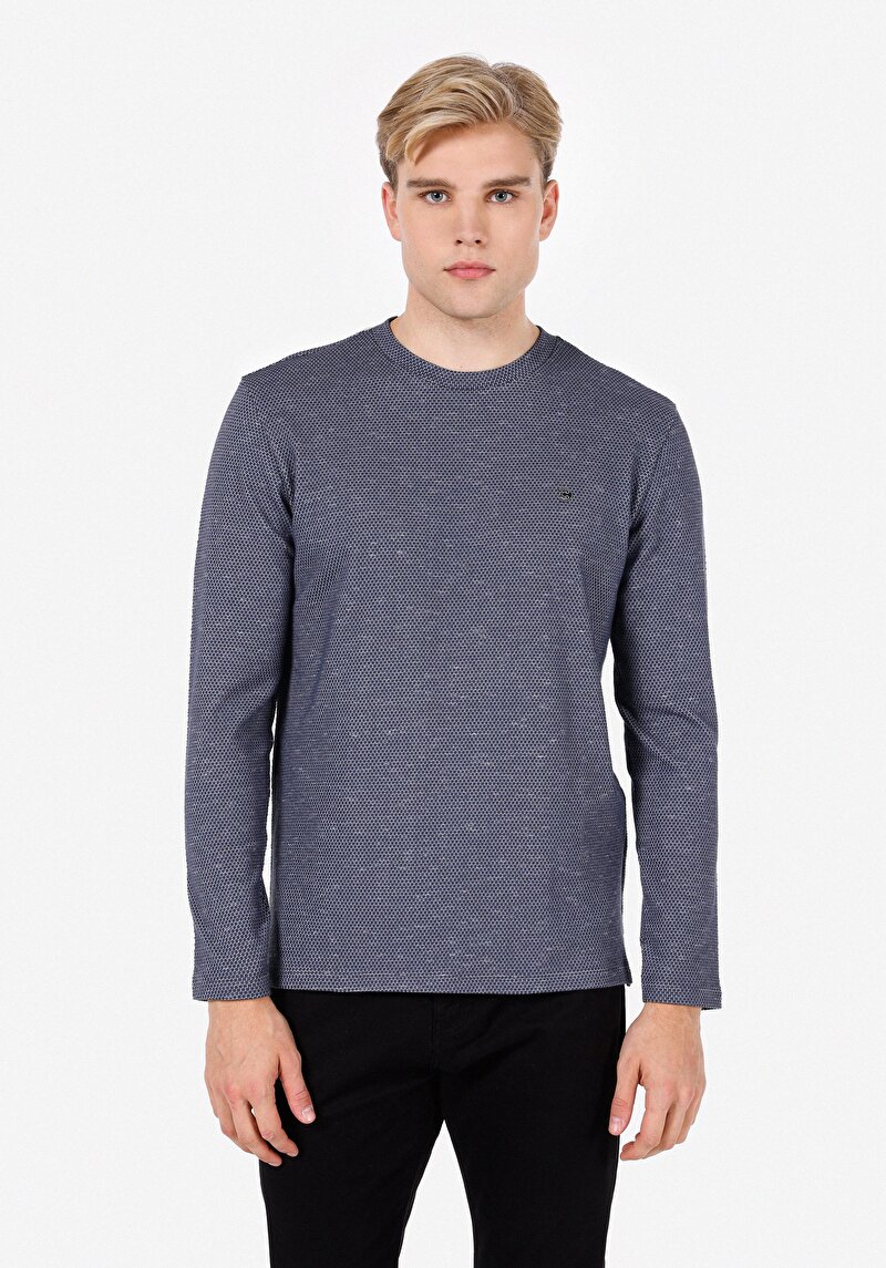 Regular Fit Yuvarlak Yaka Düz Erkek Lacivert Uzun Kol Tişört