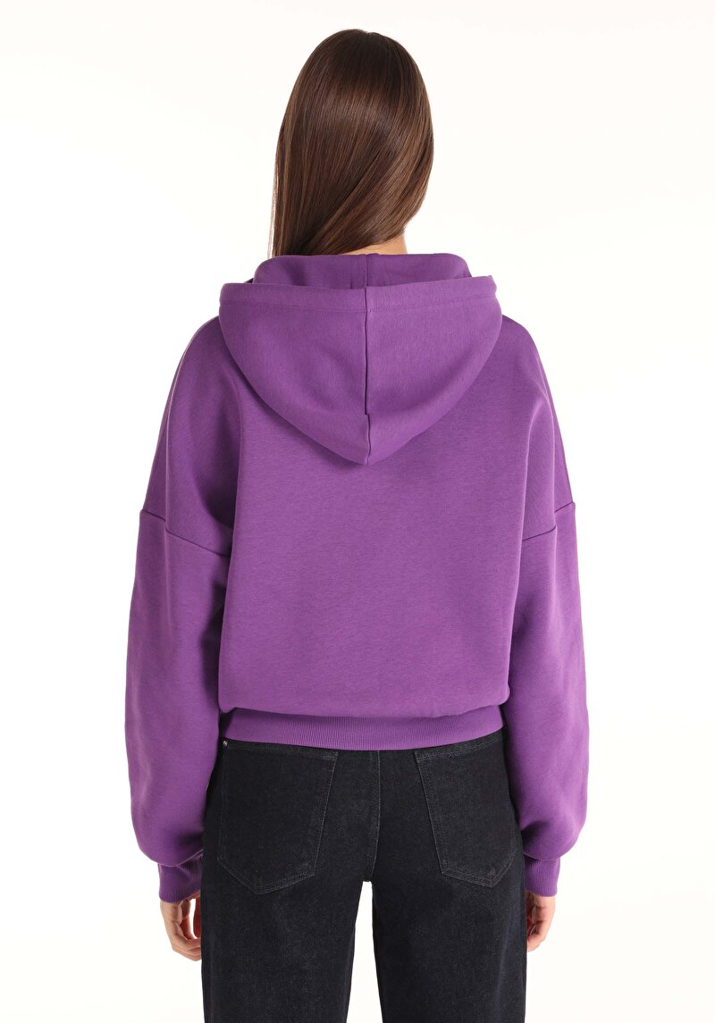 Regular Fit Kapüşonlu Baskılı Kadın Mor Sweatshirt