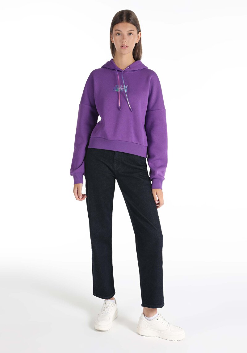 Regular Fit Kapüşonlu Baskılı Kadın Mor Sweatshirt