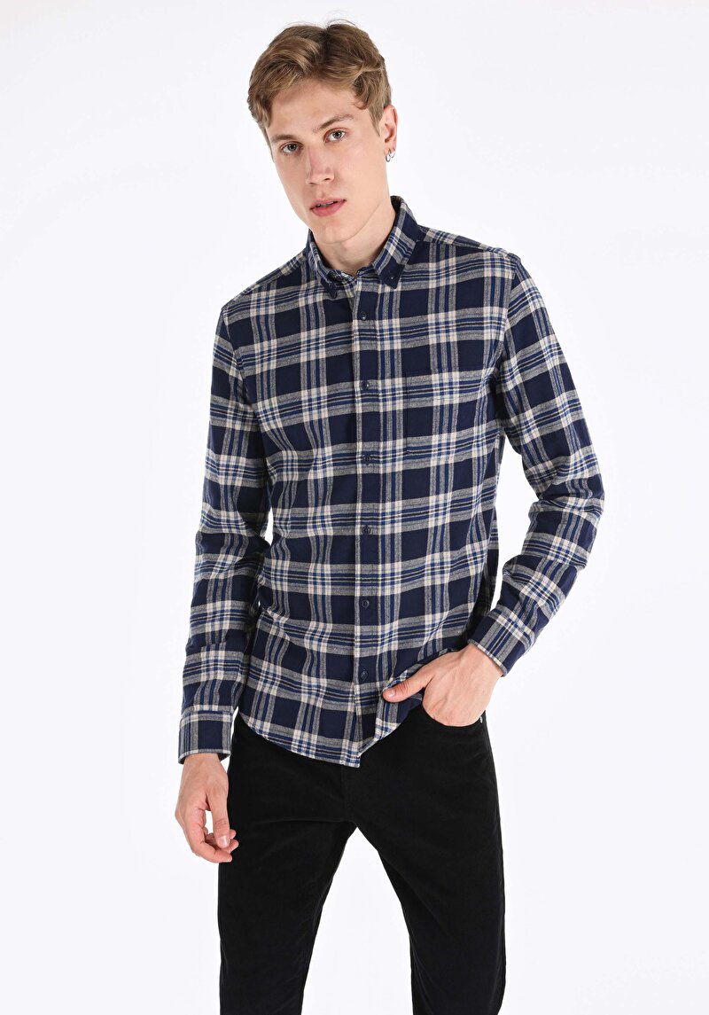 Slim Fit Shirt Neck Ekoseli Erkek Lacivert Uzun Kol Gömlek