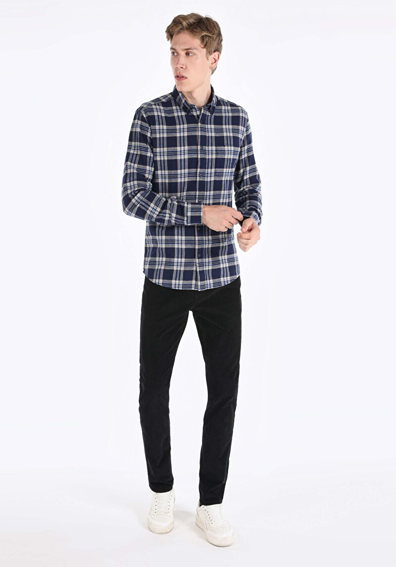 Slim Fit Shirt Neck Ekoseli Erkek Lacivert Uzun Kol Gömlek