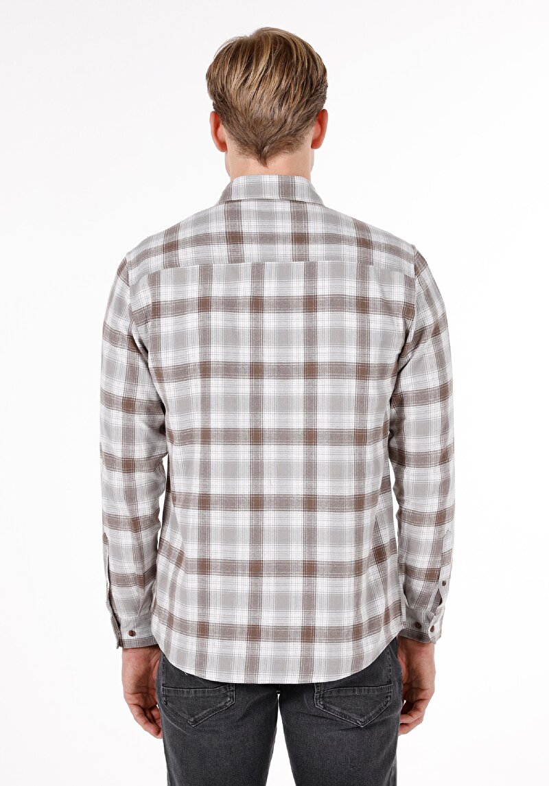 Regular Fit Shirt Neck Ekoseli Erkek Kahverengi Uzun Kol Gömlek