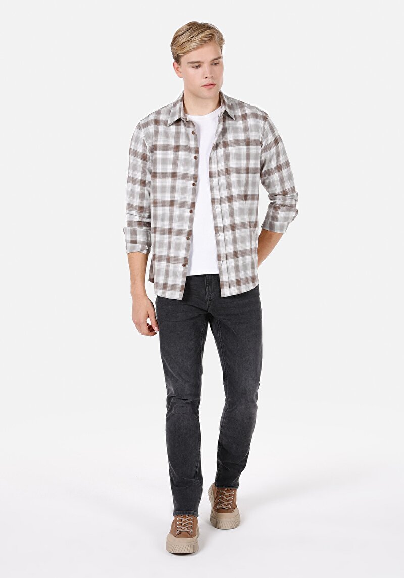 Regular Fit Shirt Neck Ekoseli Erkek Kahverengi Uzun Kol Gömlek