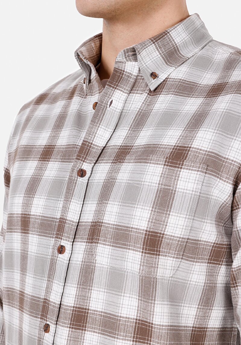 Regular Fit Shirt Neck Ekoseli Erkek Kahverengi Uzun Kol Gömlek