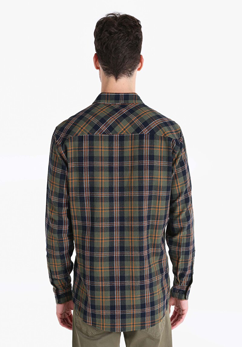 Regular Fit Shirt Neck Çizgili Ekoseli Erkek Yeşil Uzun Kol Gömlek