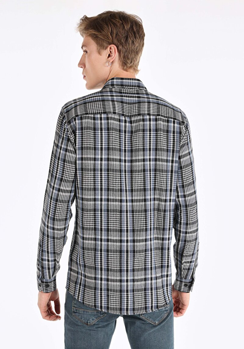 Regular Fit Shirt Neck Ekoseli Erkek Mavi Uzun Kol Gömlek