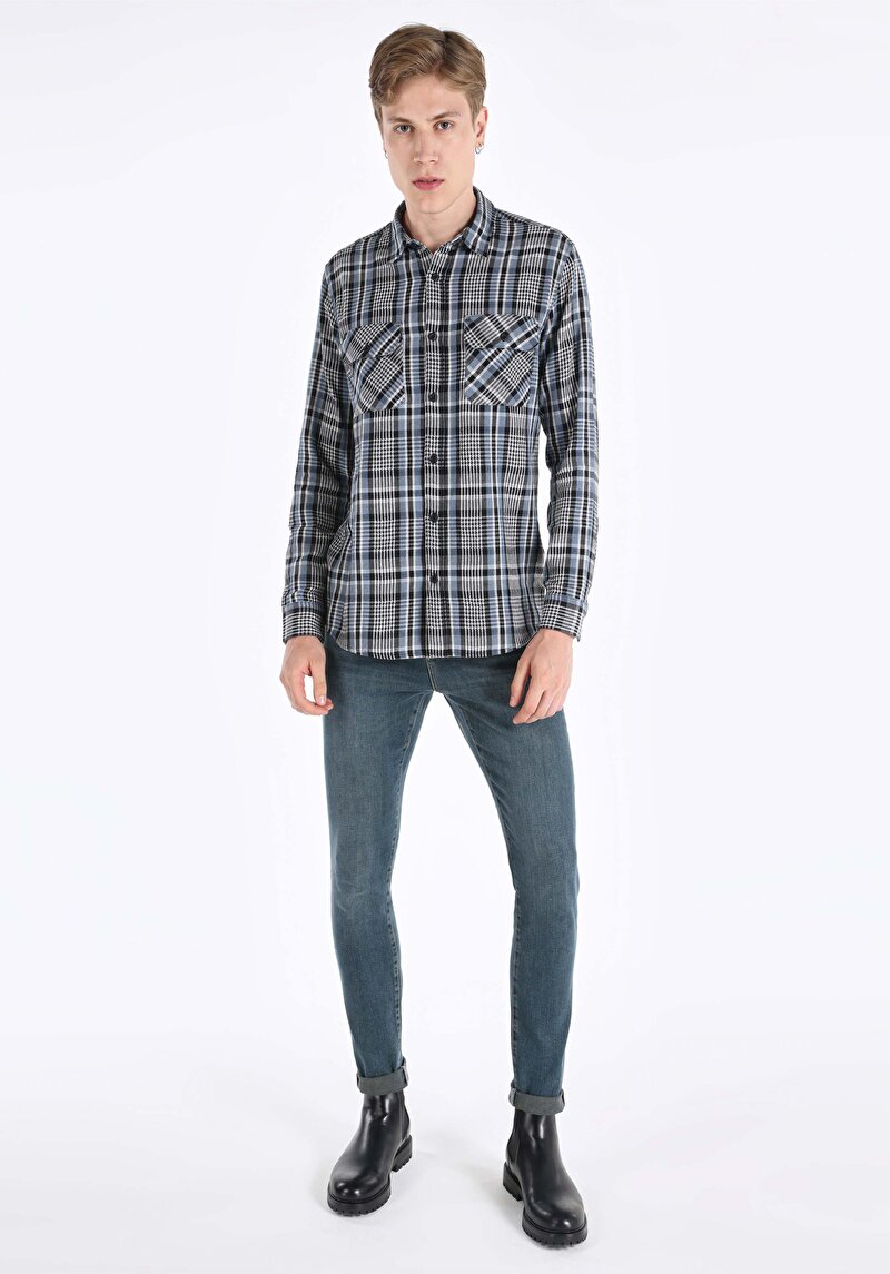 Regular Fit Shirt Neck Ekoseli Erkek Mavi Uzun Kol Gömlek