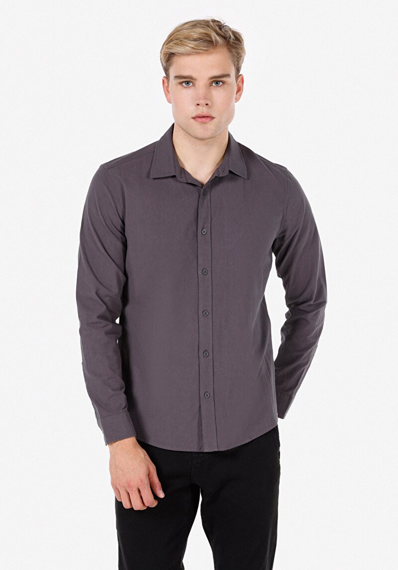 Slim Fit Shirt Neck Düz Erkek Gri Uzun Kol Gömlek