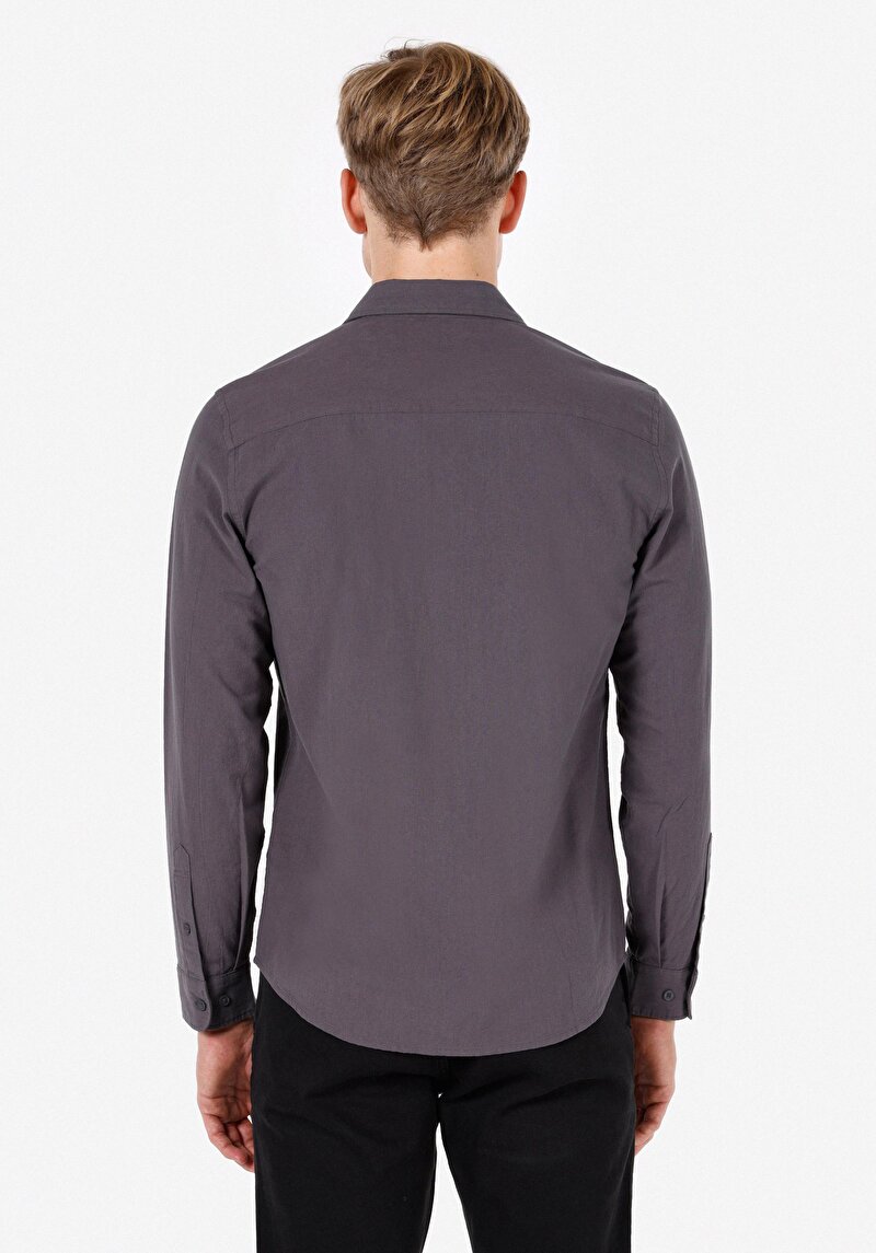 Slim Fit Shirt Neck Düz Erkek Gri Uzun Kol Gömlek