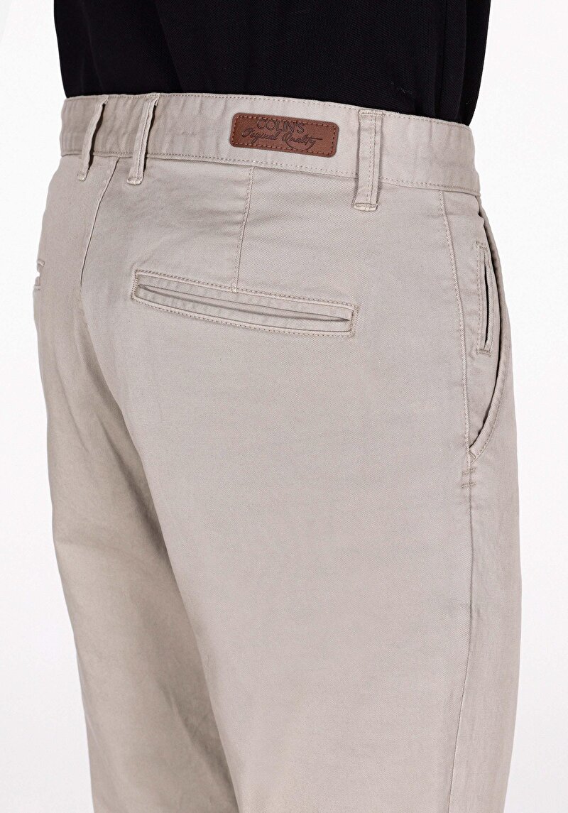 Slim Fit Orta Bel Düz Paça Erkek Bej Düğmeli Pantolon