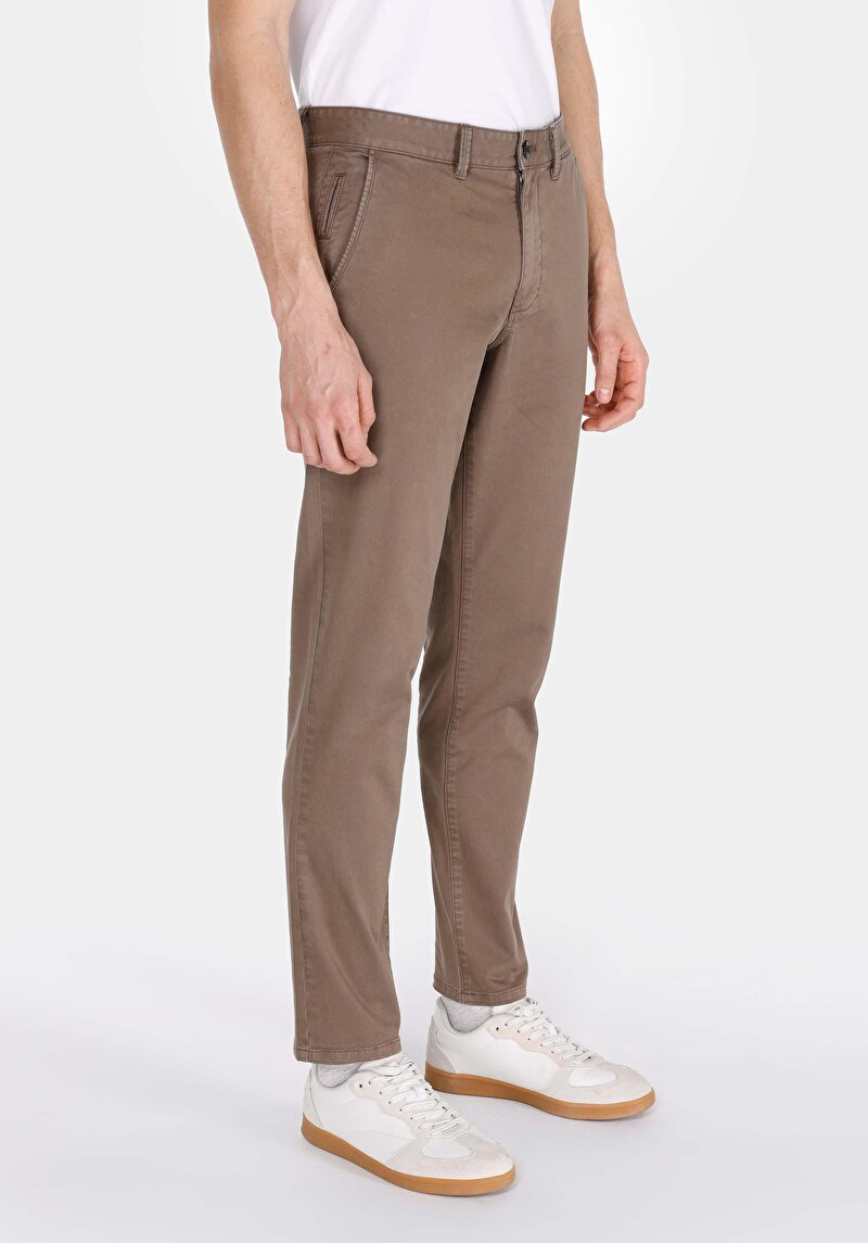 Slim Fit Orta Bel Düz Paça Erkek Kahverengi Pantolon