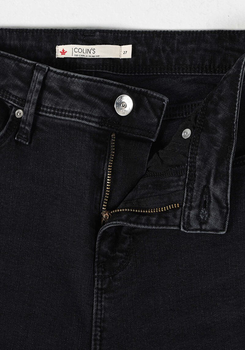 Slim Fit Orta Bel Düz Paça Kadın Siyah Fermuarlı Jean Pantolon