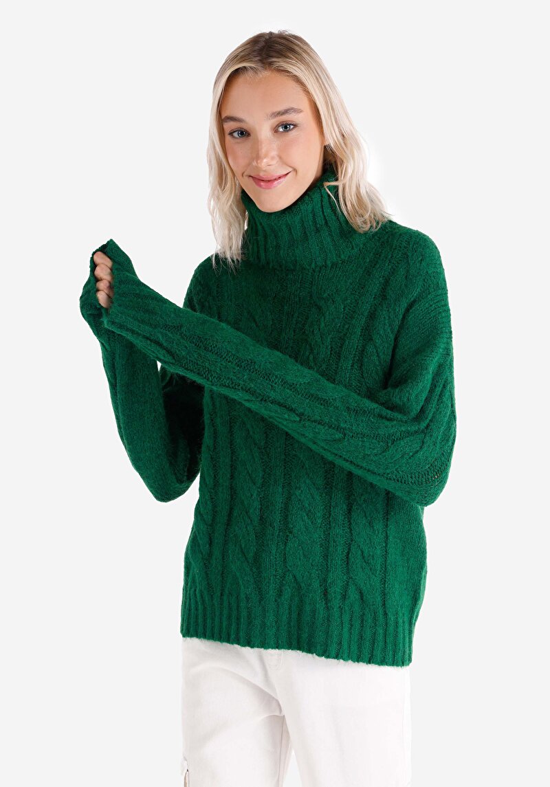 Regular Fit Turtle Neck Düz Kadın Yeşil Kazak