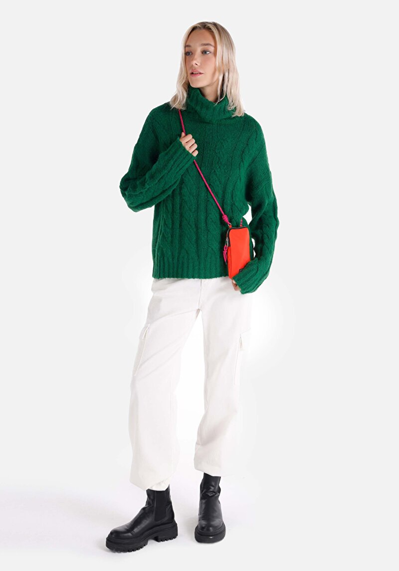 Regular Fit Turtle Neck Düz Kadın Yeşil Kazak
