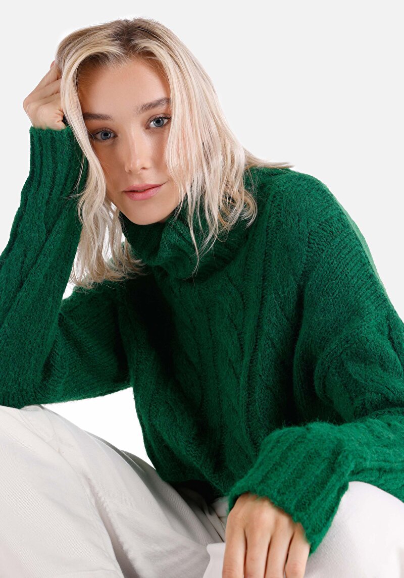 Regular Fit Turtle Neck Düz Kadın Yeşil Kazak