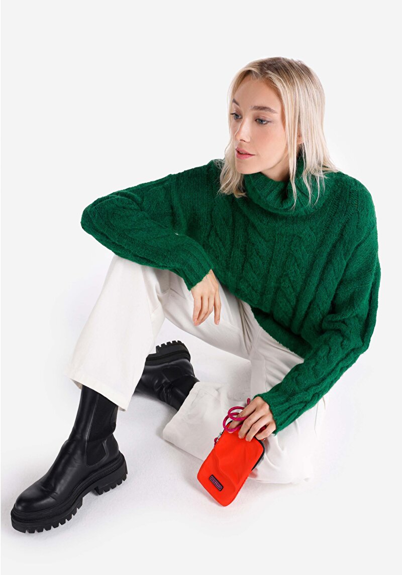 Regular Fit Turtle Neck Düz Kadın Yeşil Kazak
