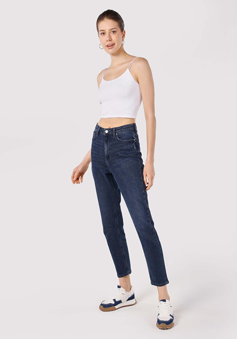 Mom Fit Yüksek Bel Daralan Paça Kadın Gri Jean Pantolon