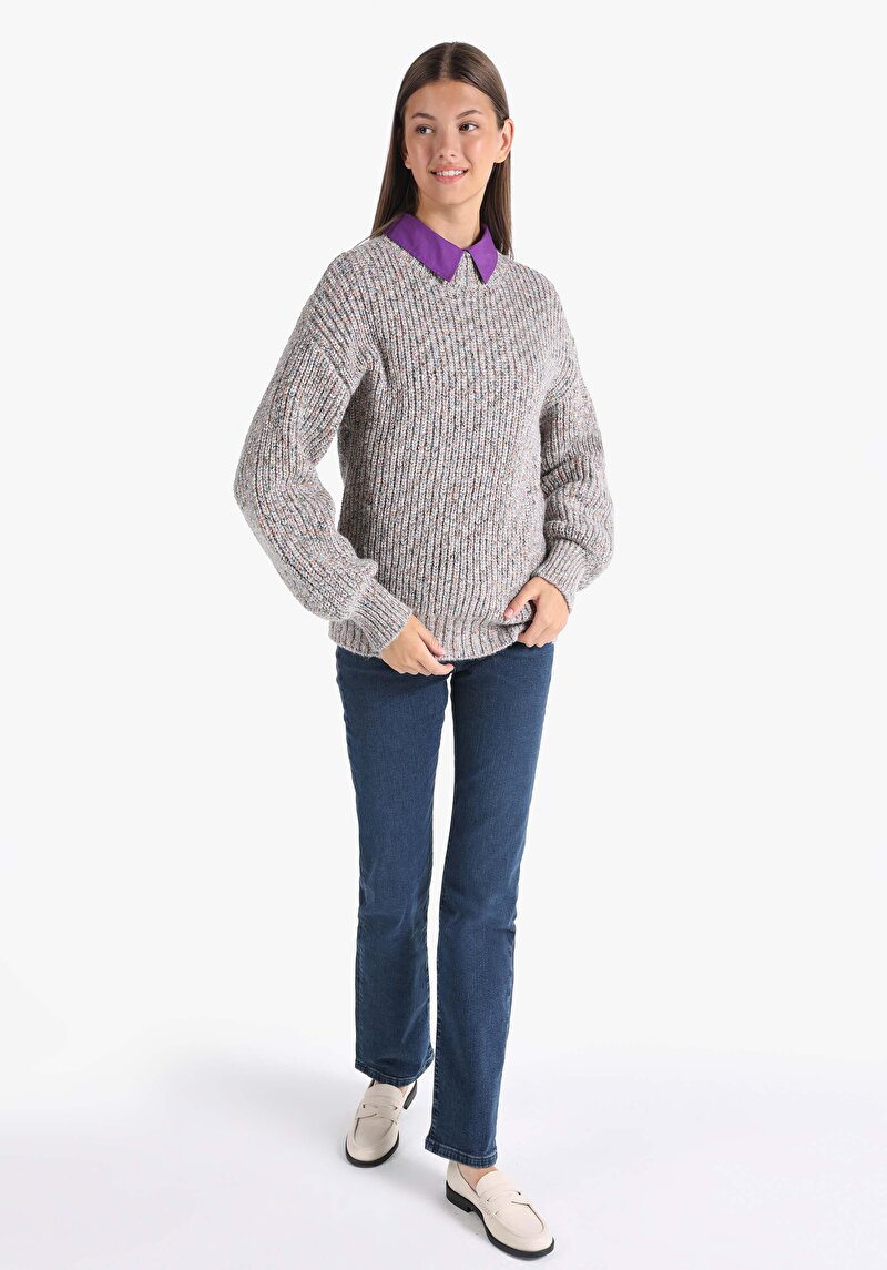 Slim Fit Yuvarlak Yaka Düz Kadın Çok Renkli Kazak