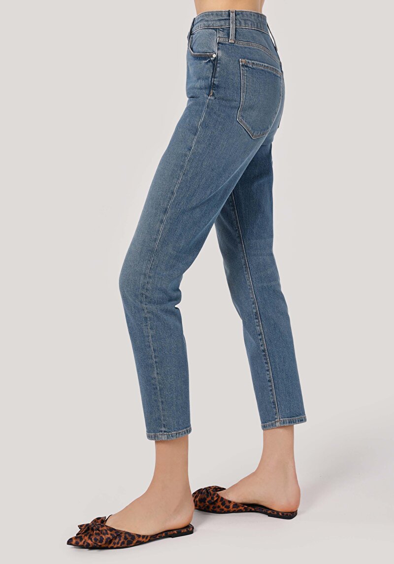 Slim Fit Yüksek Bel Daralan Paça Kadın İndigo Jean Pantolon
