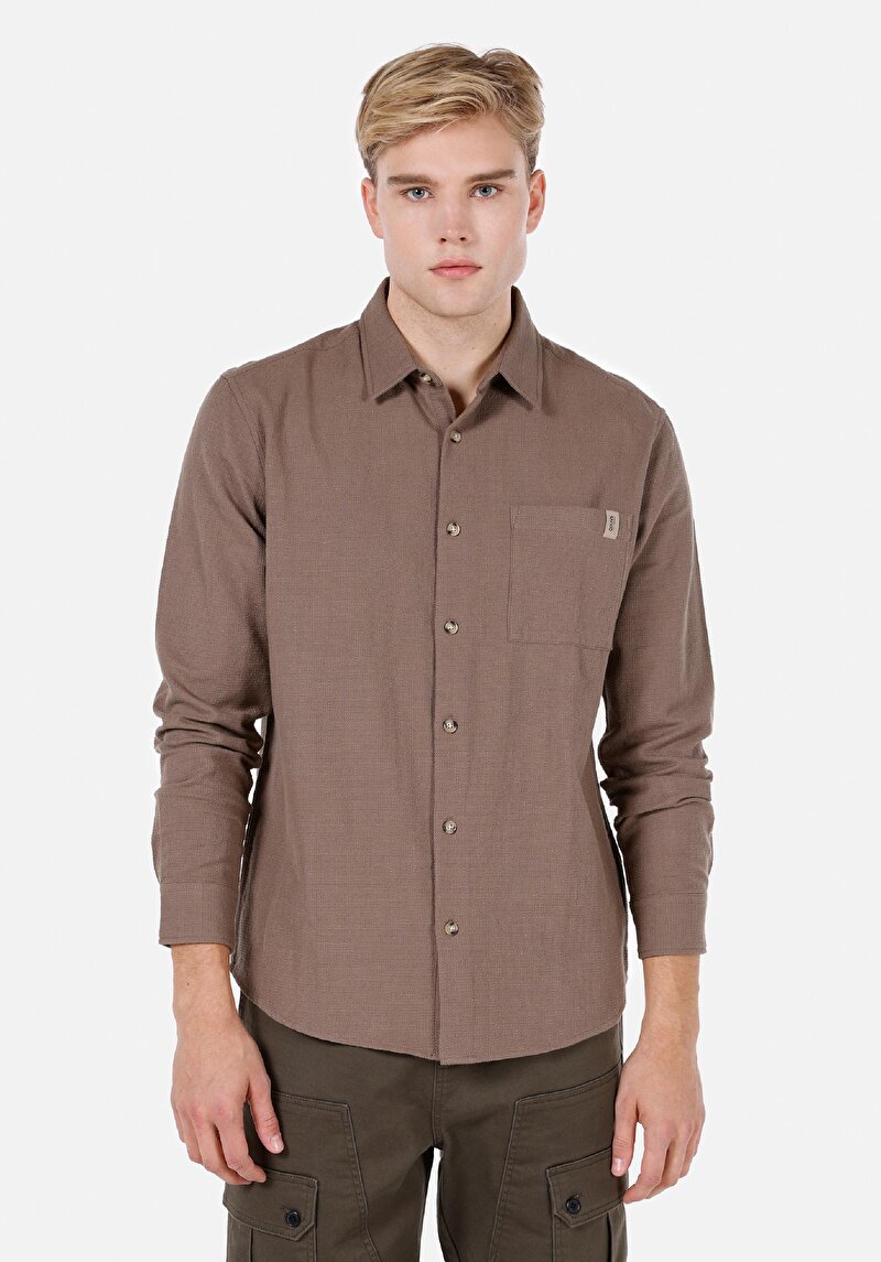 Regular Fit Shirt Neck Düz Erkek Bej Uzun Kol Gömlek
